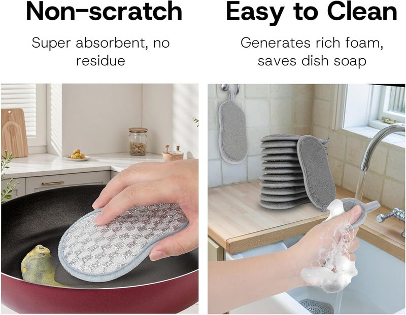 KASTWAVE 12 Pack Dual-Sided Kitchen Scrub Sponges, Non-Scratch Microfiber & Stainless Steel Scrubber, Reusable, Multi-Purpose Dish, Pot, Glass, Sink, Bathroom Cleaning Pads - Image 5