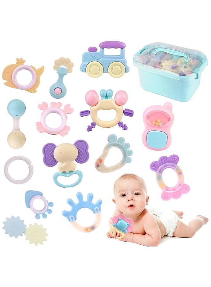 Baby Teether Toy Rattle for Baby Toys 0-12 Months Plus with Storage Box -14 Pcs BPA Free Soft Silicone Teething Toys Newborn Baby Sensory Toys Gifts 3 6 9 12 Months for Early Educational  - Image 1