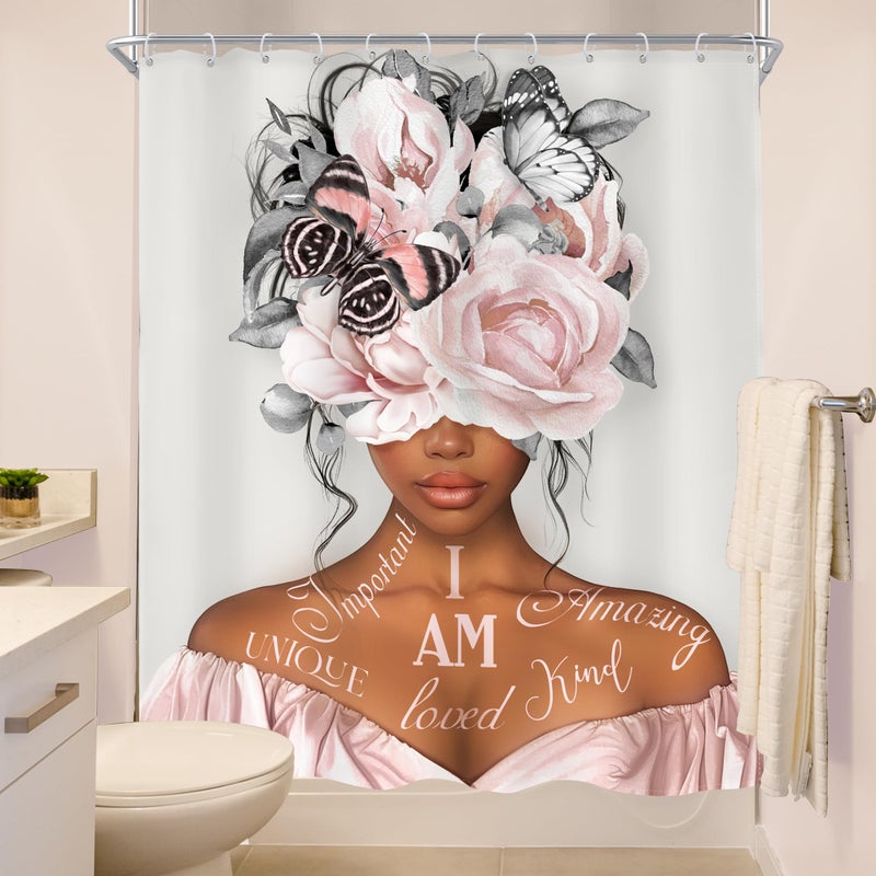 MESHELLY Black Girl Shower Curtain 60Wx72H Gray Pink Shower Curtain Peony Floral African American Motivational Quotes Bathroom Curtain Grey Butterfly Fabric Bathroom Accessories Decor with 12 Hooks - Image 4