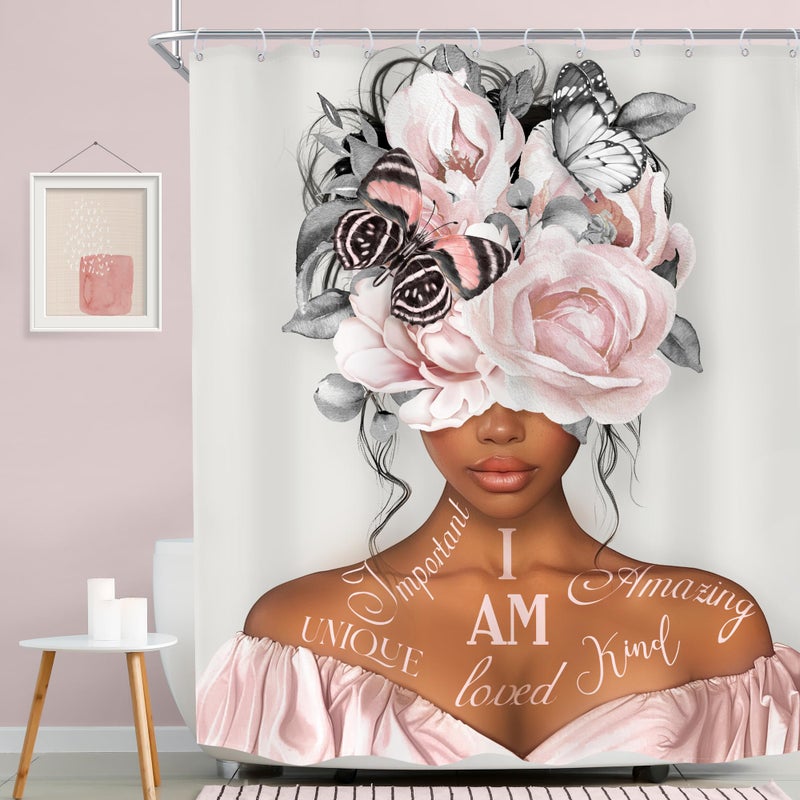 MESHELLY Black Girl Shower Curtain 60Wx72H Gray Pink Shower Curtain Peony Floral African American Motivational Quotes Bathroom Curtain Grey Butterfly Fabric Bathroom Accessories Decor with 12 Hooks - Image 2