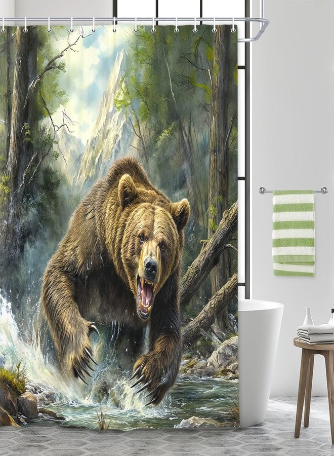 Hajmsug Rustic Bear Shower Curtain - Forest Country Nature Funny Animal Mountain Brown Bear Hunting Camping Waterproof Fabric Bath Curtain Wildlife Farmhouse 69X70inch - Image 1
