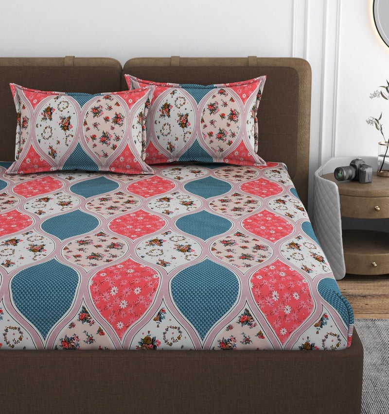 VOMZER 300 Tc Geometric Elastic Fitted Bedsheets Queen Size with 2 Pillow Covers | Double Bed with All Around Elastic, Size 60 X 78 X 10 Inches Queen Fitted (White Pink) - Image 1