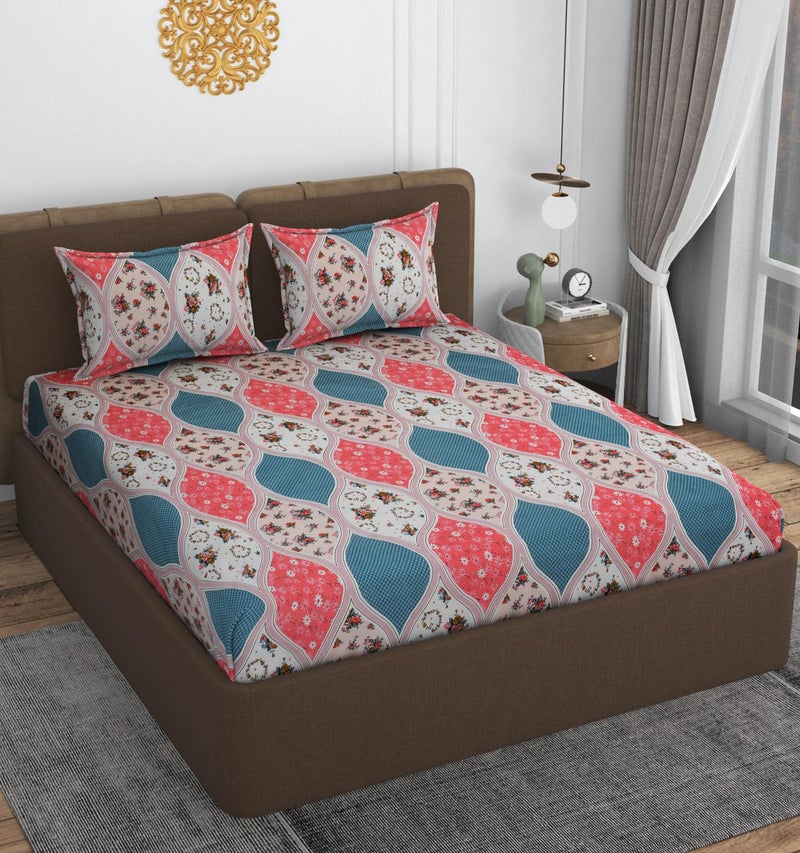VOMZER 300 Tc Geometric Elastic Fitted Bedsheets Queen Size with 2 Pillow Covers | Double Bed with All Around Elastic, Size 60 X 78 X 10 Inches Queen Fitted (White Pink) - Image 2
