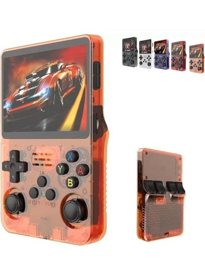 R36S Handheld Game Console, 3.5 Inch IPS Screen, Open Source Linux Gaming System, 64GB TF Card, Dual 3D Joysticks, Transparent Orange