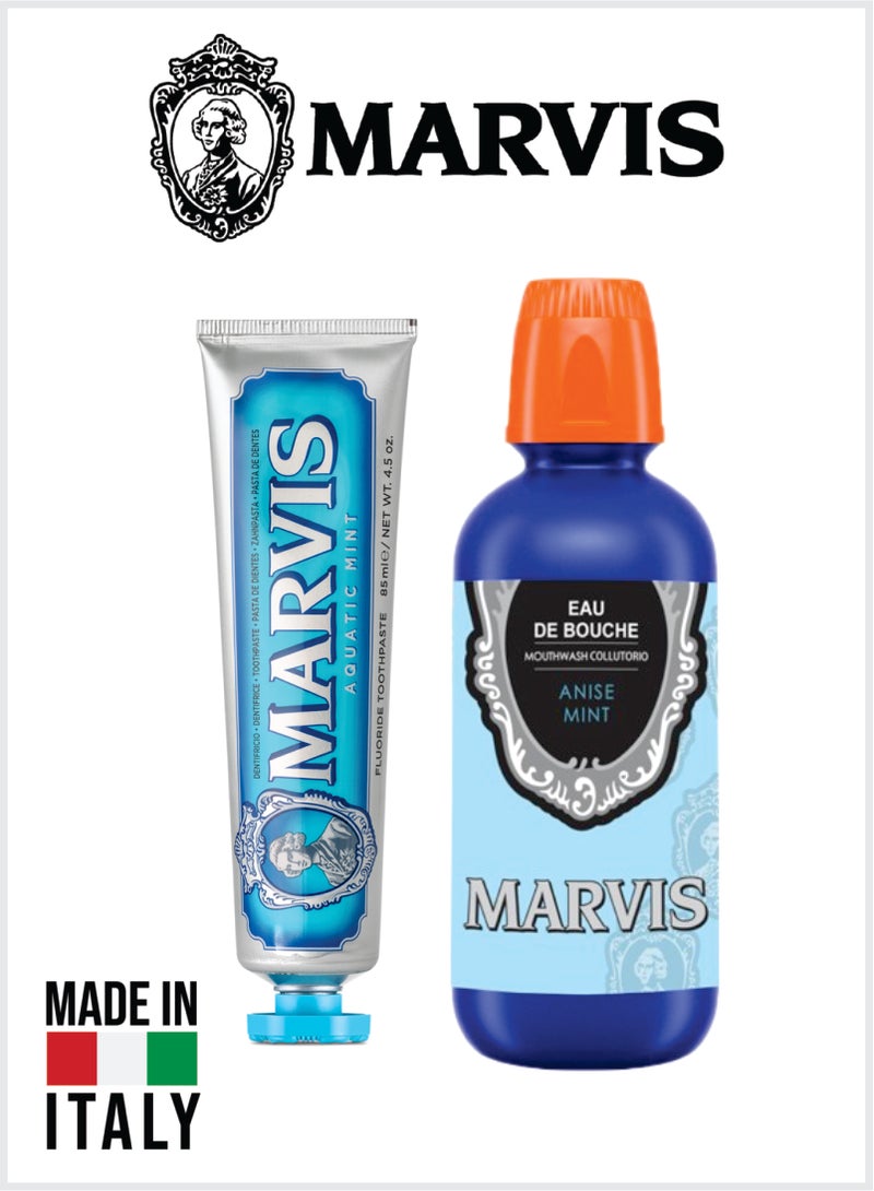 Marvis مجموعة العناية بالفم - معجون أسنان بالنعناع المائي فلورايد 85 مل + غسول فم بالنعناع الأنيس 400 مل، مجموعة نفس منعش ونظافة يومية - Image 1