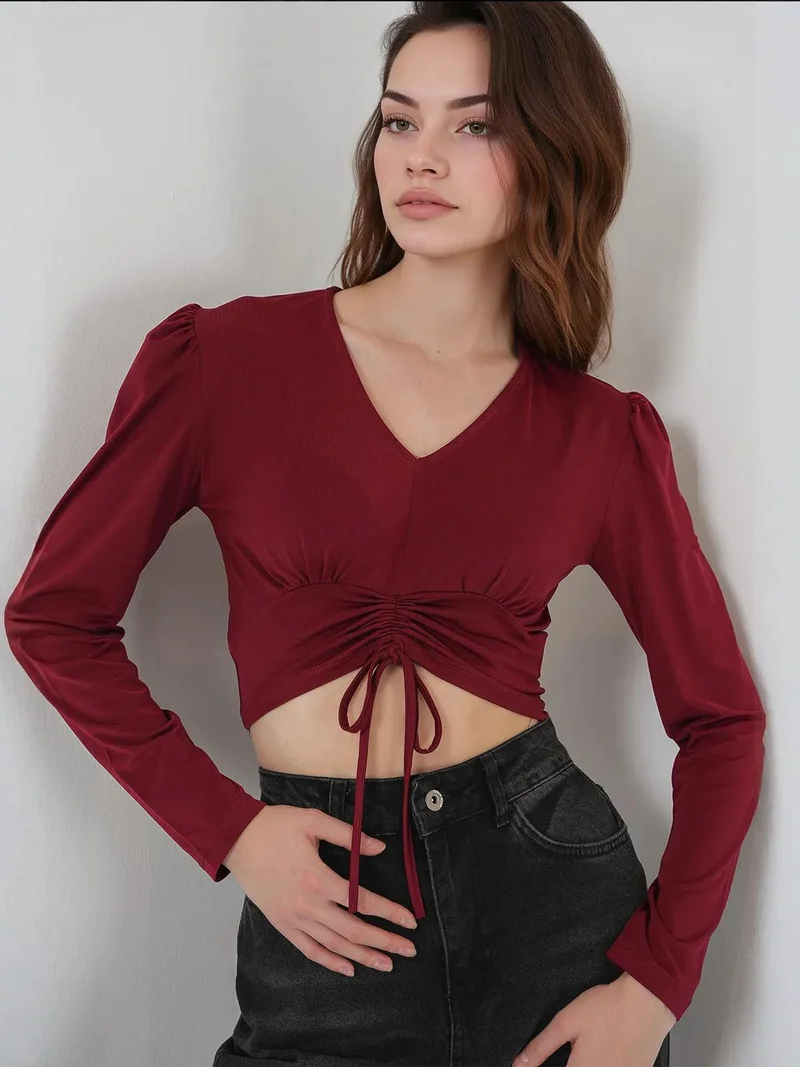 BIG DART BDART Textured V-Neck Crop Top with Ruffle Detail