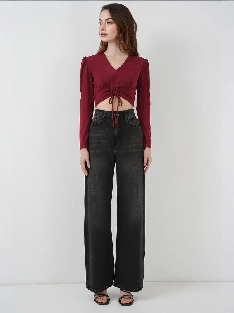 BIG DART BDART Textured V-Neck Crop Top with Ruffle Detail