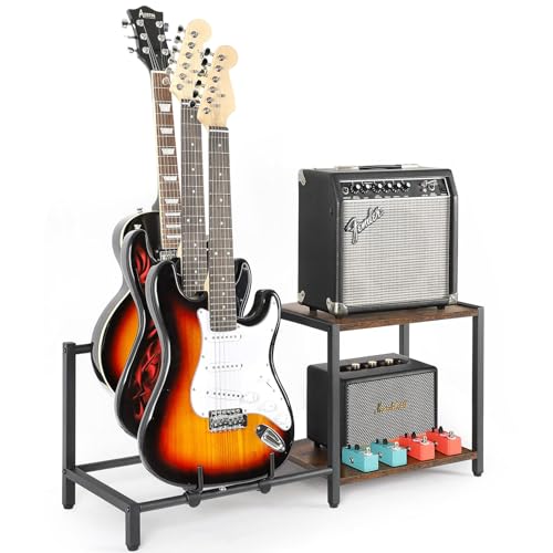 Bikoney Guitar Stand for 3 Electric Bass Guitars with Amp Stand - Heavy Duty Adjustable Guitar Rack Holder for Multiple Guitars & Accessories - Display & Storage Solution for Music Studio Home - Image 1