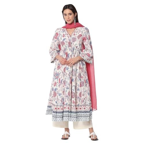 BIBA Women Off White Cotton Gathered Kurta Set_34 - Image 1