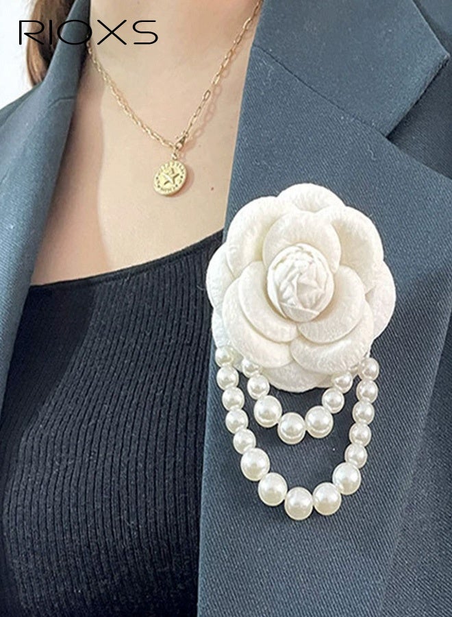 RIOXS Women's Vintage Camellia Pearl Tassel Brooches, Elegant Bohemian White Flower Pearl Safety Pin Brooches for Ladies, Flower Hairpin Headpieces Brooch Shawl Pins, Dainty Elegant Lapel Pin Wedding Party Dress Accessories - Image 2