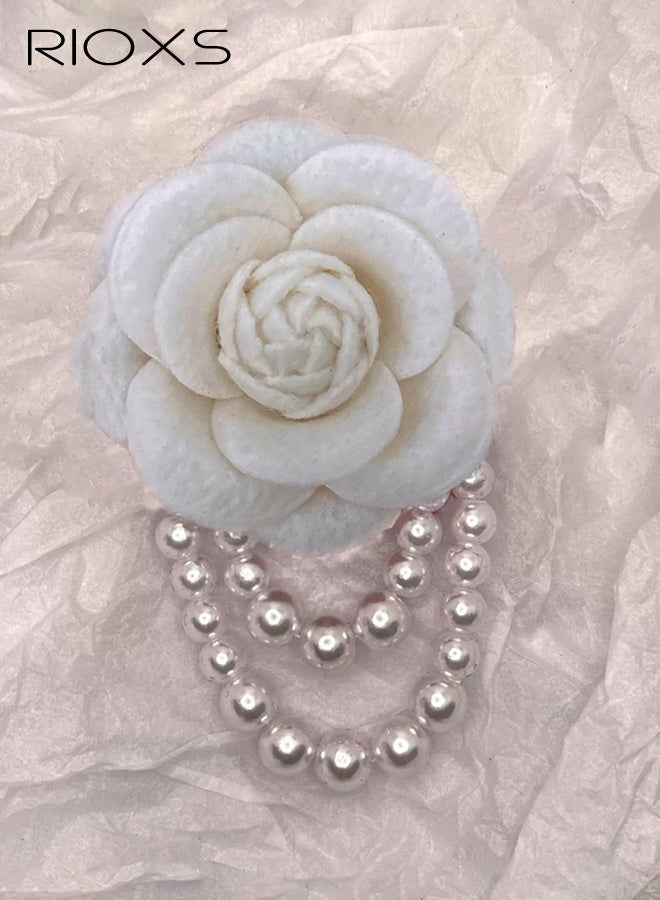 RIOXS Women's Vintage Camellia Pearl Tassel Brooches, Elegant Bohemian White Flower Pearl Safety Pin Brooches for Ladies, Flower Hairpin Headpieces Brooch Shawl Pins, Dainty Elegant Lapel Pin Wedding Party Dress Accessories - Image 1