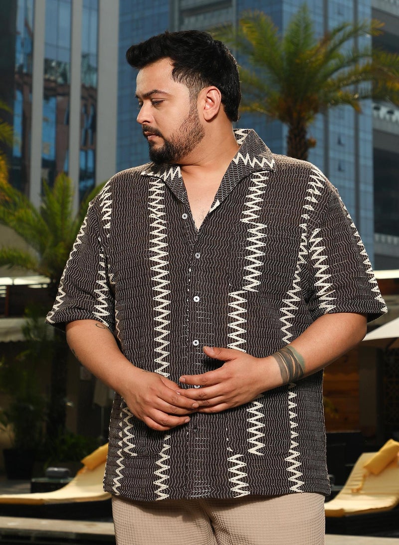 Instafab Plus Men's Chocolate Brown Ziggy-Weave Relaxed Shirt For Casual Wear | Spread Collar | Short Regular Sleeves | Button Closure | Plus Size Shirt Crafted With Comfort Fit For Everyday Wear - Image 2