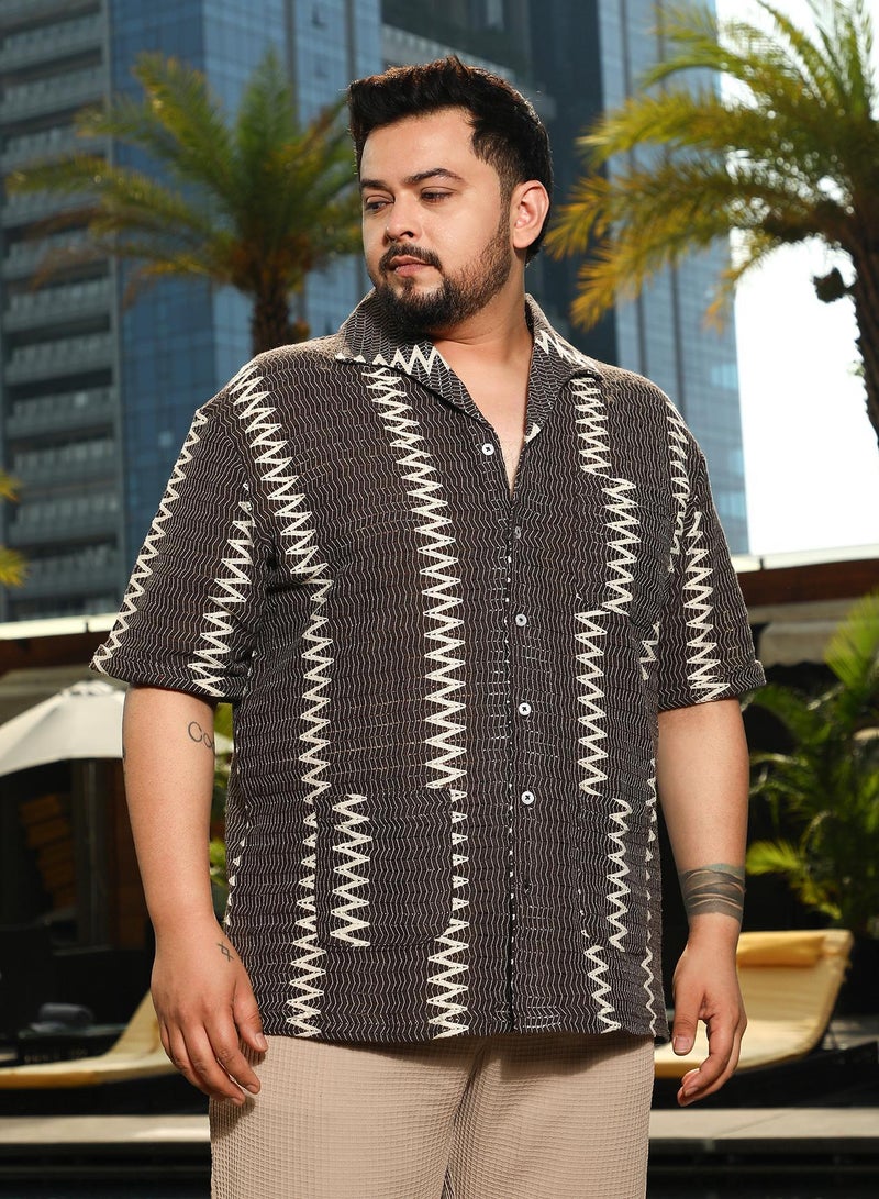Instafab Plus Men's Chocolate Brown Ziggy-Weave Relaxed Shirt For Casual Wear | Spread Collar | Short Regular Sleeves | Button Closure | Plus Size Shirt Crafted With Comfort Fit For Everyday Wear - Image 3