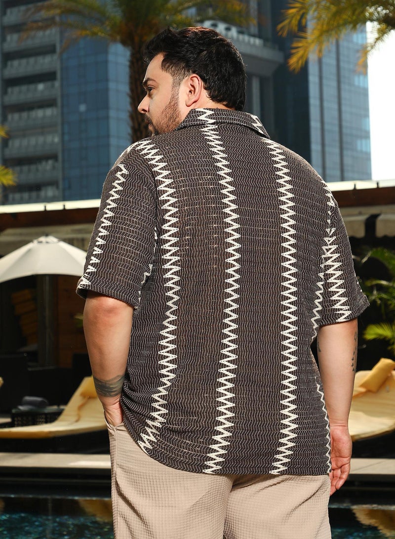 Instafab Plus Men's Chocolate Brown Ziggy-Weave Relaxed Shirt For Casual Wear | Spread Collar | Short Regular Sleeves | Button Closure | Plus Size Shirt Crafted With Comfort Fit For Everyday Wear - Image 5