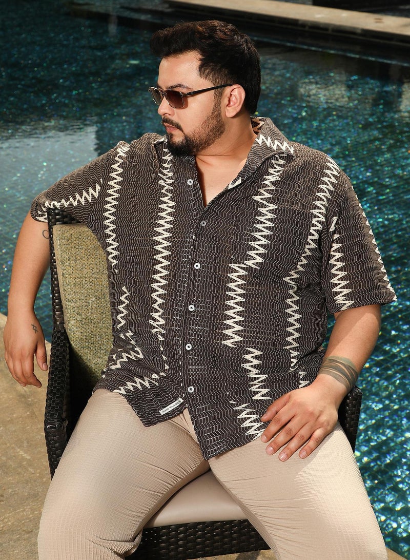 Instafab Plus Men's Chocolate Brown Ziggy-Weave Relaxed Shirt For Casual Wear | Spread Collar | Short Regular Sleeves | Button Closure | Plus Size Shirt Crafted With Comfort Fit For Everyday Wear - Image 1