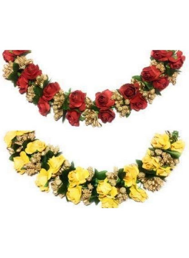 SP Blue Earth Hair Bun Gajra Flower Artificial Juda Accessories for Women Fancy Red+Yellow Fabric Hair Gajra, Flower Juda Gajra | Juda Band Hair Accessories - Image 1