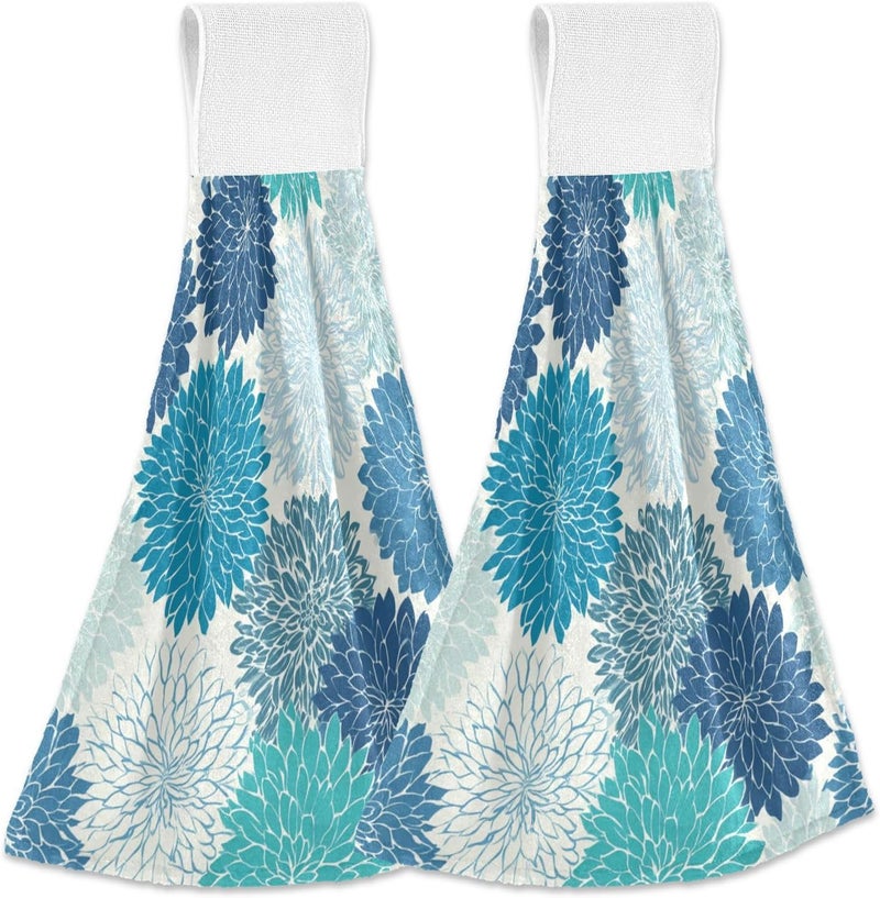 Dussdil Spring Geometric Flowers Kitchen Hanging Towel 12 x 17 Inch Dahlia Pinnata Teal Floral Hand Tie Towels Set 2 Pcs Tea Bar Dish Cloths Dry Towel Soft Absorbent Durable for Bathroom Laundry Room De - Image 1