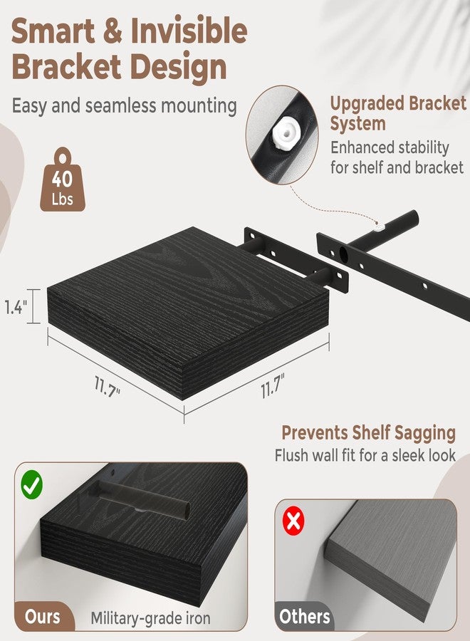 Marsmiles 12 Inch Floating Shelves for Wall with Invisible Brackets Set of 3, 12"D Engineered Wood Wall Shelves with Wood Grain for Living Room, Bedroom, Bathroom, Kitchen Decor and Storage, Black Finish - Image 3