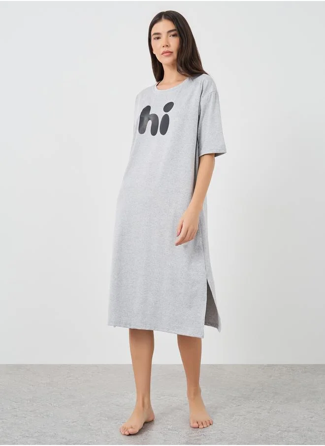 Take Two Take Two Graphic Print Short Sleeve Side Slit Nightdress