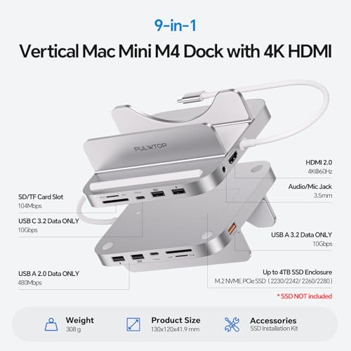 PULWTOP USB C Hub for Mac mini M4/M4 Pro 2024 Docking Station with M.2 SSD Slot, 1 * 4K HDMI, 2*USB-A 2.0, 3.5mm Audio & Mic, SD/TF, Capacity Expansion with M.2 PCIe SSD Slot (SSD not Included) - Image 2
