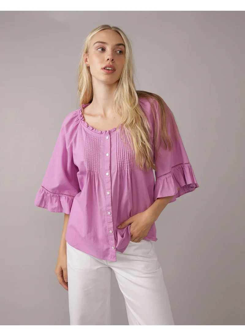 امريكان ايجل AE Linen-Blend Ruffle Blouse