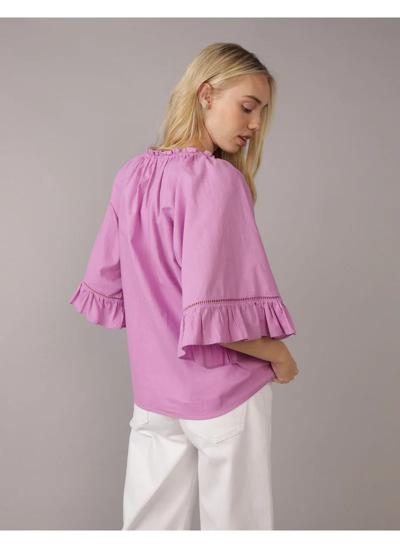 امريكان ايجل AE Linen-Blend Ruffle Blouse