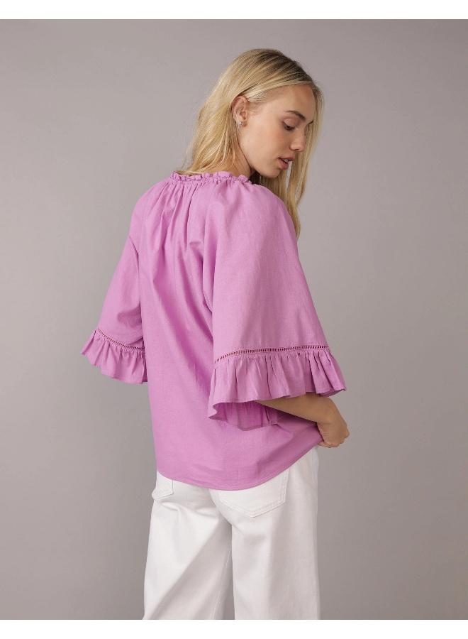 American Eagle AE Linen-Blend Ruffle Blouse - Image 4