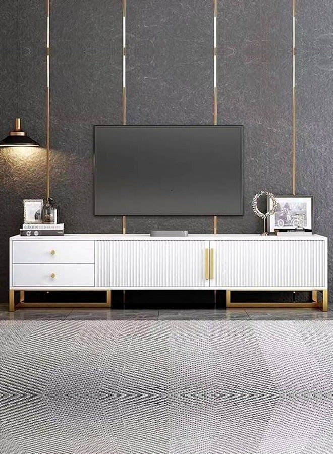 فاشون هوم طاولة تلفزيون فاخرة حديثة من الخشب الإيطالي لغرفة المعيشة مع خزائن وأرفف باللونين الأبيض والذهبي، مقاس 120×30×40 سم - Image 1