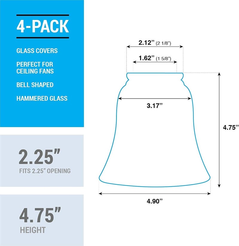 KOR Ceiling Fan Light Covers Glass Replacement Shades for Ceiling Fans and Light Fixtures Bell Shape Clear Glass with Decorative Hammered Finish Hight 475  Width 49  Opening Fitter Size 225 - Image 4