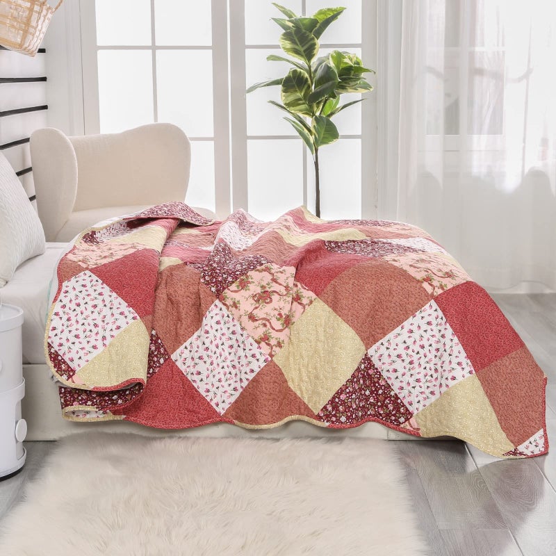 Qucover Quilted Throw Blanket, 59x79 Inch Patchwork Farmhouse Quilt, Soft Microfiber Reversible Multicolor Floral Coverlet, Lightweight Bed Quilt Cover for for Couch Sofa - Image 3