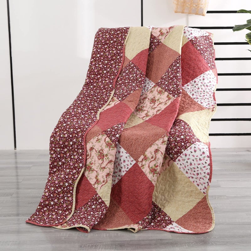 Qucover Quilted Throw Blanket, 59x79 Inch Patchwork Farmhouse Quilt, Soft Microfiber Reversible Multicolor Floral Coverlet, Lightweight Bed Quilt Cover for for Couch Sofa - Image 1