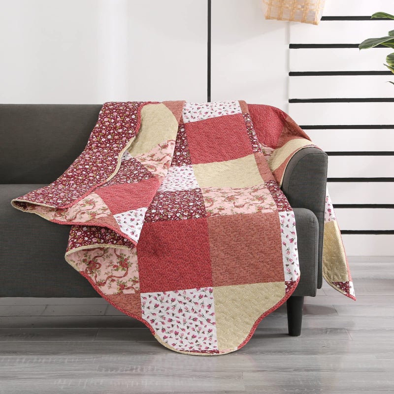 Qucover Quilted Throw Blanket, 59x79 Inch Patchwork Farmhouse Quilt, Soft Microfiber Reversible Multicolor Floral Coverlet, Lightweight Bed Quilt Cover for for Couch Sofa - Image 4