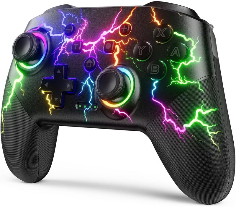 VOYEE Switch Controller Compatible with Switch/Lite/OLED/Windows/iOS/Android, RGB Lightning Programmable 1000mAh Wireless Pro Controller with One Key Pairing Wake Up Vibration Turbo - Image 1