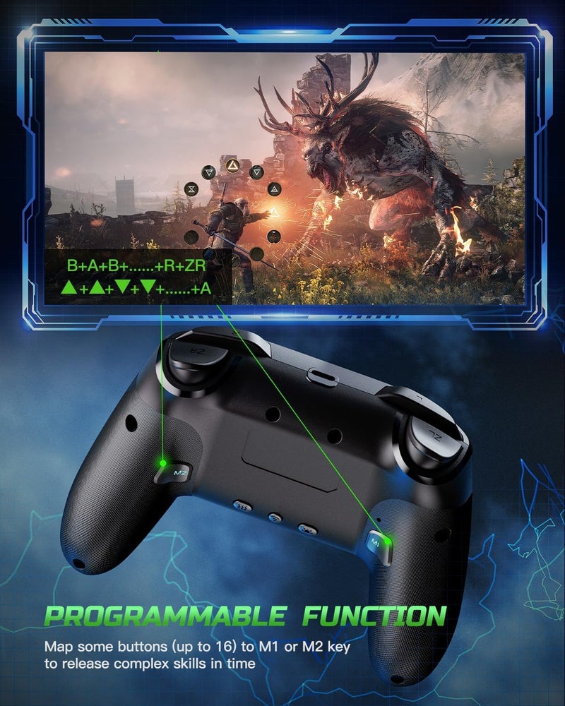 VOYEE Switch Controller Compatible with Switch/Lite/OLED/Windows/iOS/Android, RGB Lightning Programmable 1000mAh Wireless Pro Controller with One Key Pairing Wake Up Vibration Turbo - Image 3