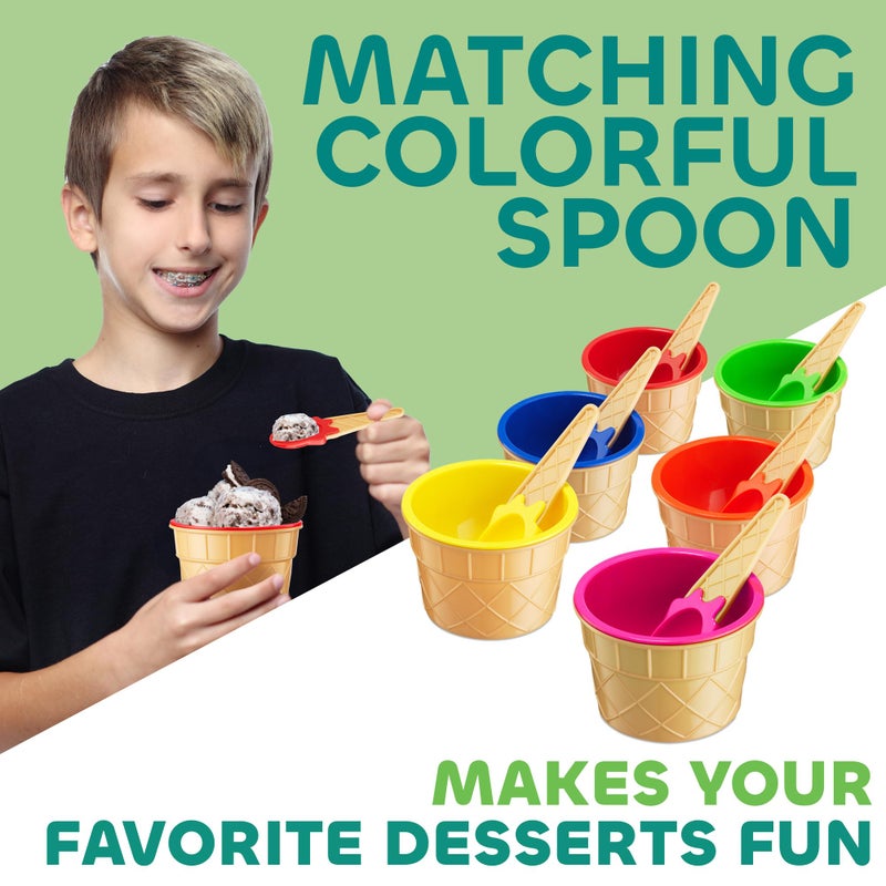 JoyServe Ice Cream Bowls and Spoons Set - (Pack of 6) Reusable Plastic Ice Cream Cups and Waffle Cone Shaped Spoons for Dessert, Frozen Yogurt, Gelato, Birthday Party Decorations - Image 4