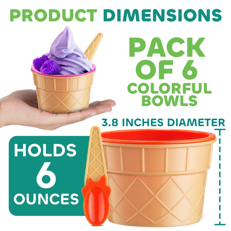 JoyServe Ice Cream Bowls and Spoons Set - (Pack of 6) Reusable Plastic Ice Cream Cups and Waffle Cone Shaped Spoons for Dessert, Frozen Yogurt, Gelato, Birthday Party Decorations - Image 2