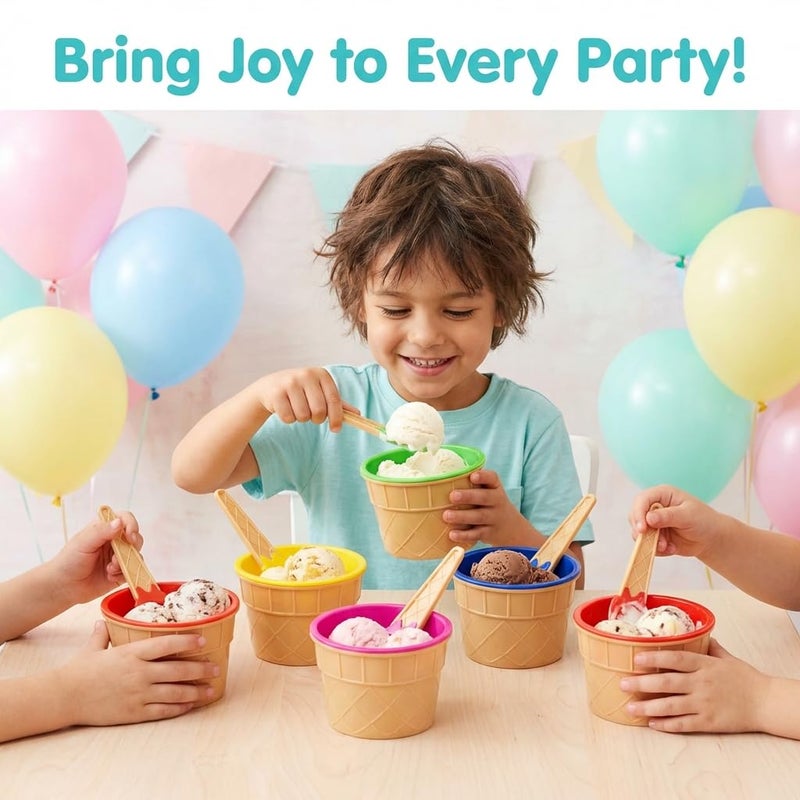 JoyServe Ice Cream Bowls and Spoons Set - (Pack of 6) Reusable Plastic Ice Cream Cups and Waffle Cone Shaped Spoons for Dessert, Frozen Yogurt, Gelato, Birthday Party Decorations - Image 5