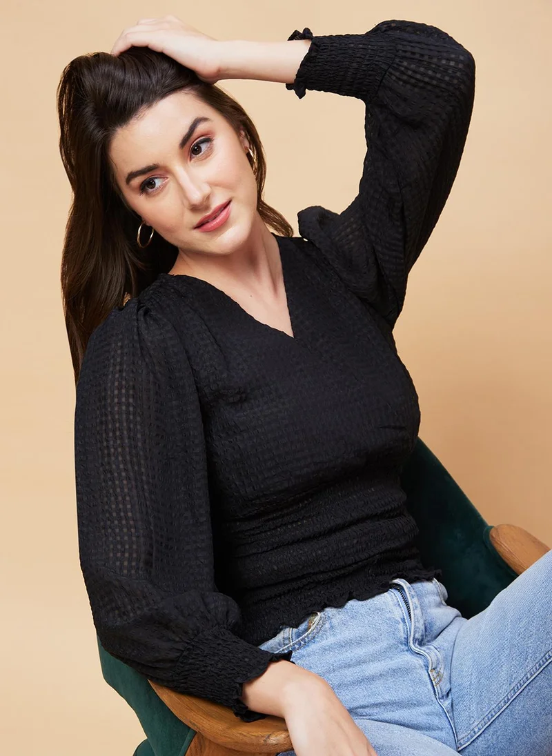 globus Globus Women Self Designed Smocked Detailed V-Neck Puff Sleeves Top