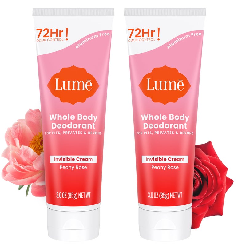Lume Whole Body Deodorant - Invisible Cream Tube - 72 Hour Odor Control - Aluminum Free, Baking Soda Free, Skin Safe - 3.0 ounce (Pack of 2) (Peony Rose) - Image 1