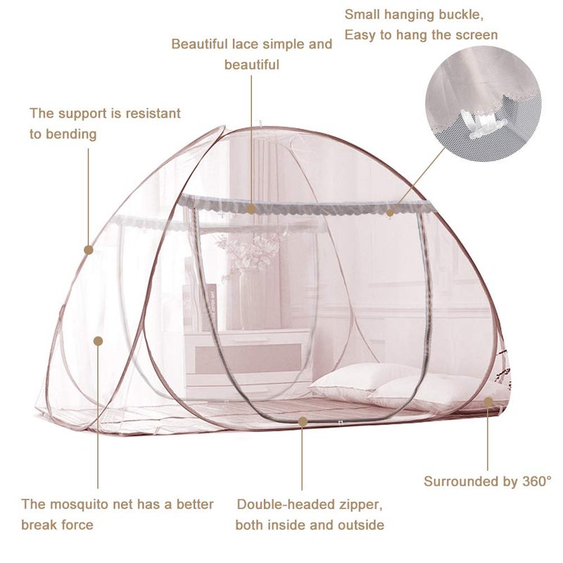 AMMER Portable Pop-Up Brown Mosquito Net Tent for Bed, L79 x W71 x H59 inch Large Folding Mosquito Netting with Net Bottom, 2 Entries, Suit for Twin to King Size Bed - Image 4