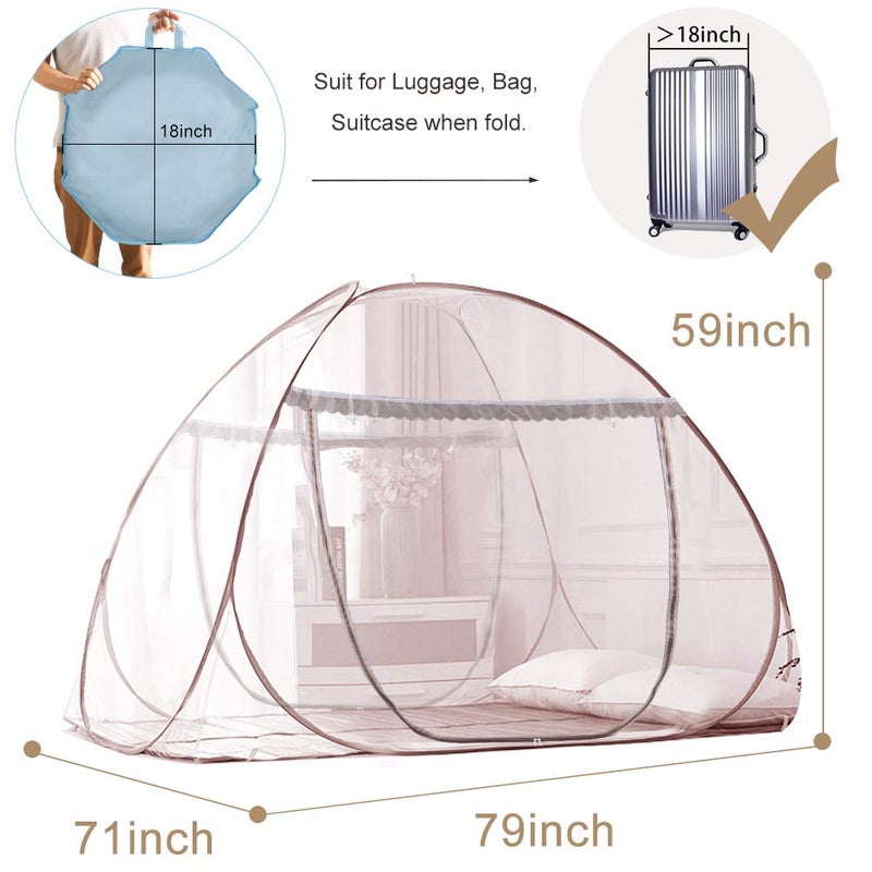 AMMER Portable Pop-Up Brown Mosquito Net Tent for Bed, L79 x W71 x H59 inch Large Folding Mosquito Netting with Net Bottom, 2 Entries, Suit for Twin to King Size Bed - Image 2