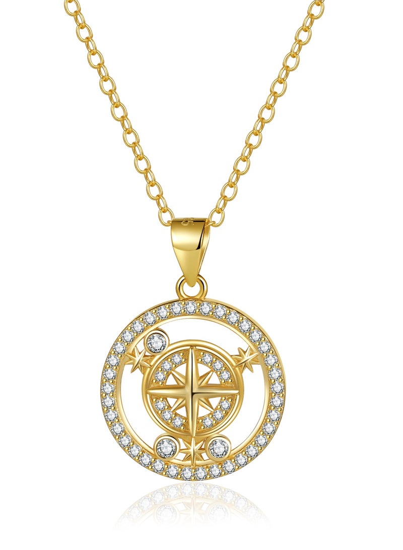 Moonmory Lucky 18K Gold Plated Three Move Stone Round Pendant Necklace S925 Sterling Silver Eight-Pointed Star Zircon Pendant Necklace For Women With 50CM Adjustable Chain  - Image 1