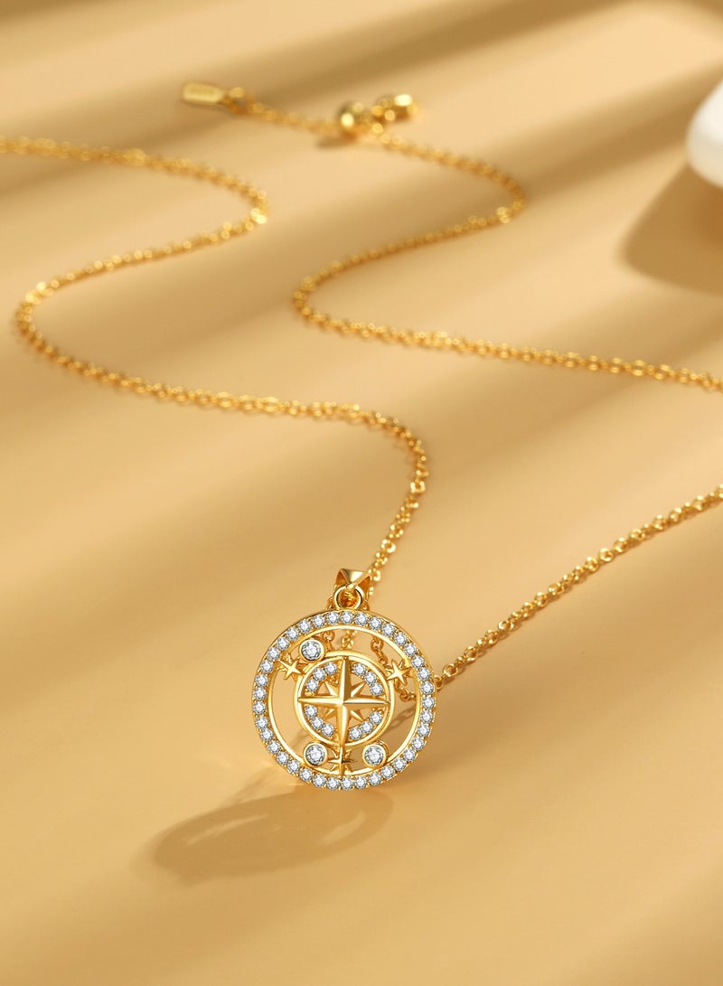 Moonmory Lucky 18K Gold Plated Three Move Stone Round Pendant Necklace S925 Sterling Silver Eight-Pointed Star Zircon Pendant Necklace For Women With 50CM Adjustable Chain  - Image 3