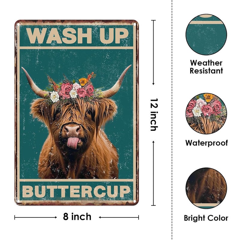 Sanwarm Metal Sign 8X12 Inch, Wash Up Buttercup Funny Highland Cow Vintage Tin Sign Wall Art Decor for Home, Bathroom, Toilet Decoration - Image 2