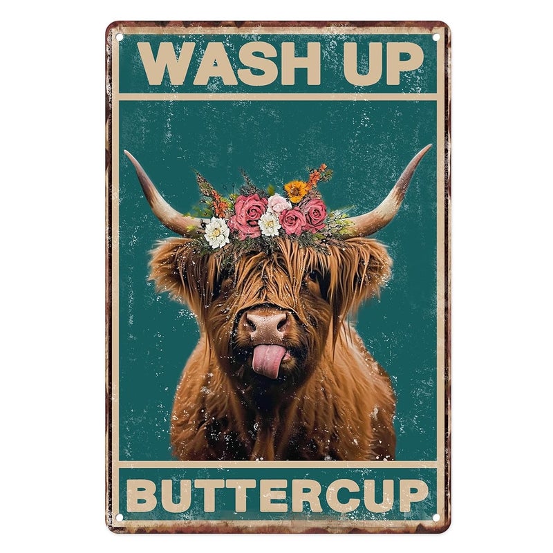 Sanwarm Metal Sign 8X12 Inch, Wash Up Buttercup Funny Highland Cow Vintage Tin Sign Wall Art Decor for Home, Bathroom, Toilet Decoration - Image 1