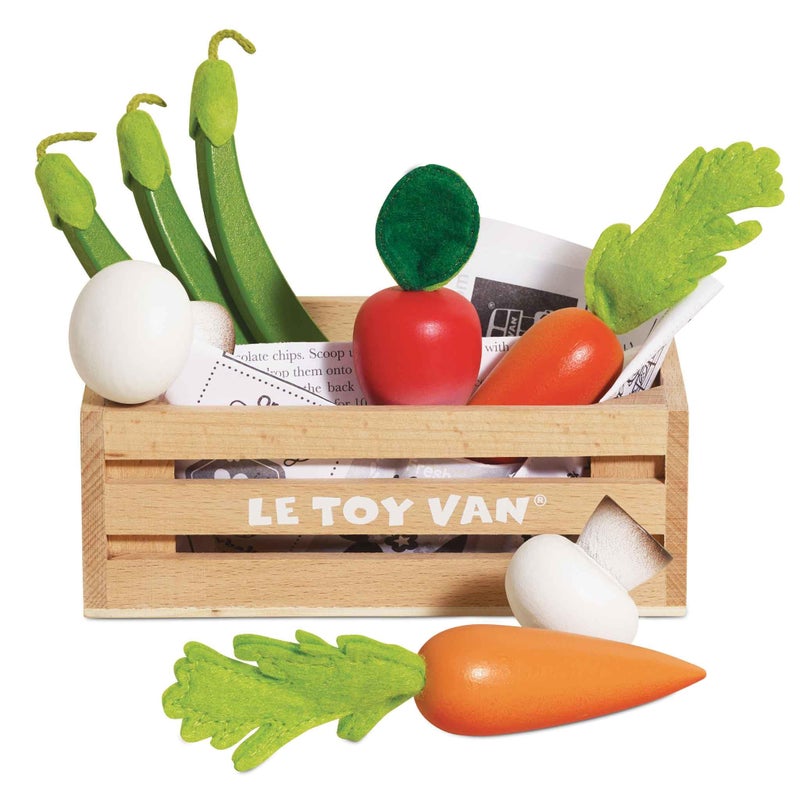 Le Toy Van - Wooden Honeybee Market Vegetables '5 a Day' Crate | Fun Role Play Supermarket Pretend Play Shop Food | Great Gift for Boys Or Girls, Harvest Vegetables Crate (TV182) - Image 1
