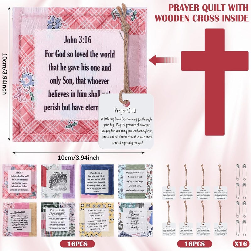 FuWeave 16 Pack Prayer Quilt with Cross Inside Pocket Mini Scripture Prayer Squares Quilt Christmas Christian Gifts for Women Friend Family Clergy Pastor Encouragement Gift - Image 2