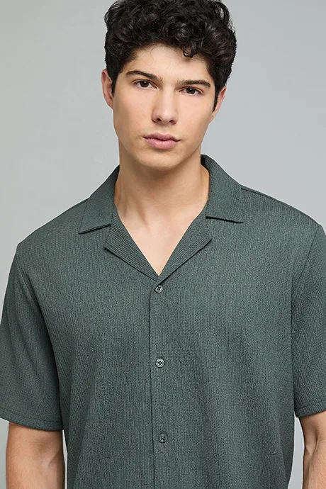 R&B Textured Shirt with Revere Collar and Short Sleeves