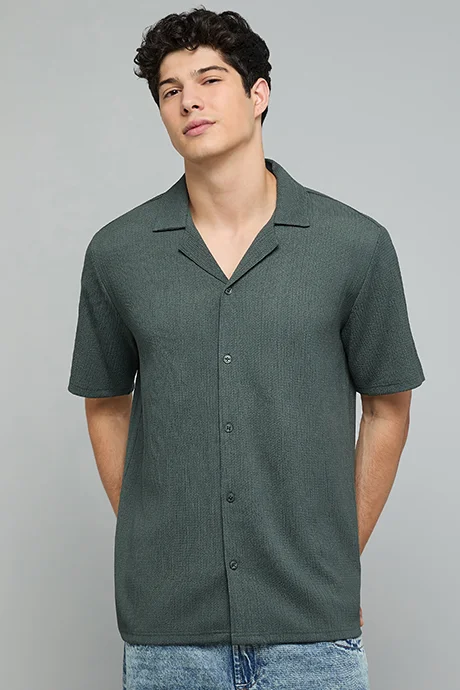 R&B Textured Shirt with Revere Collar and Short Sleeves