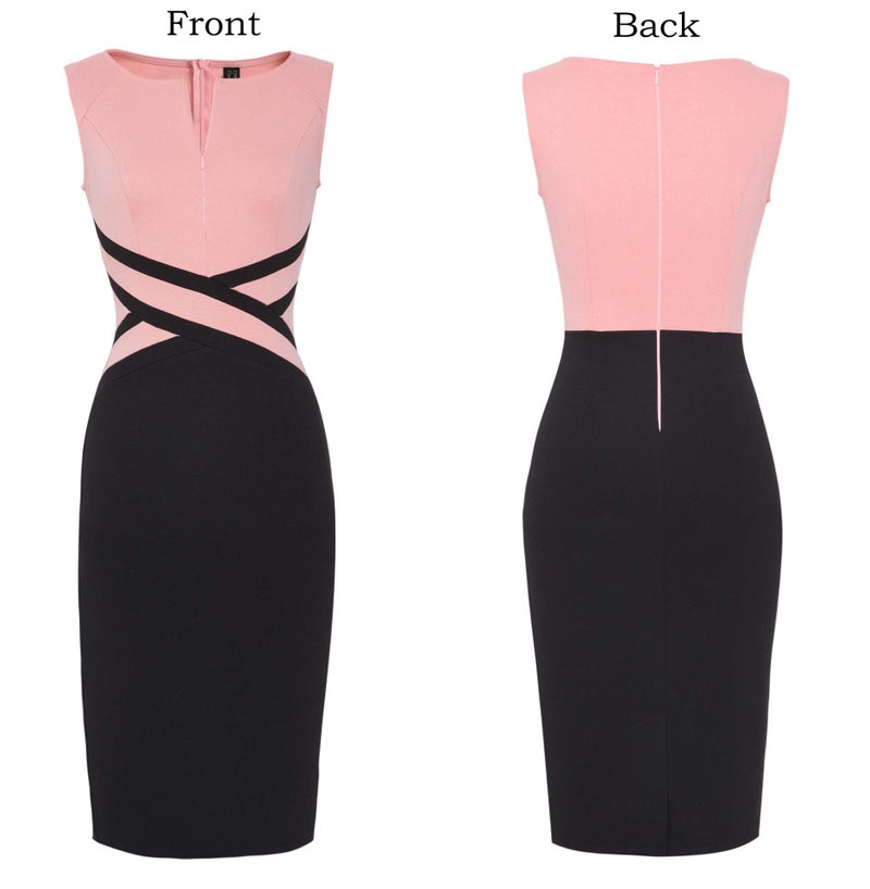 VFSHOW Womens Peach Pink and Black Colorblock Patchwork Slim Zipper Up Work Business Office Party Bodycon Pencil Sheath Dress 6195 PIK M - Image 4